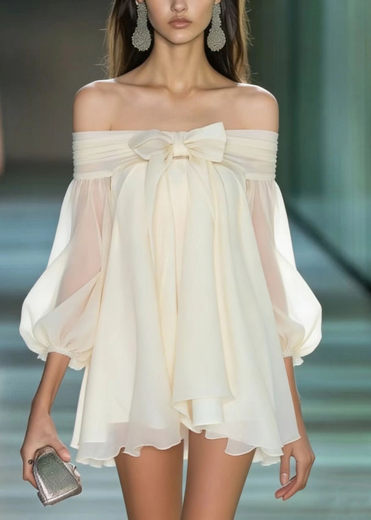 French Apricot Slash Neck Bow Chiffon Mini Dresses Summer - View 5
