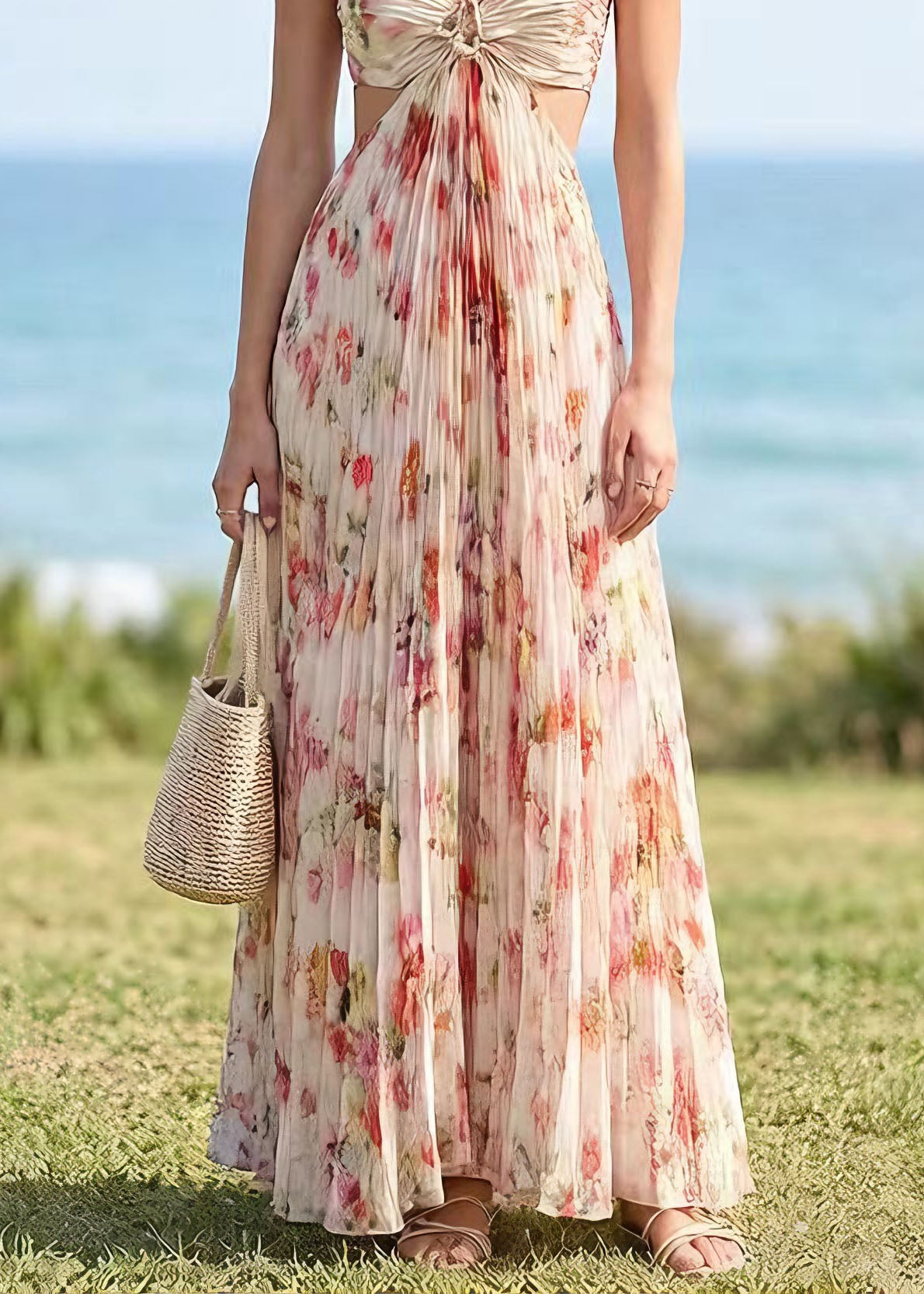 French Backless Print Halter Lace Up Chiffon Dress Summer 4