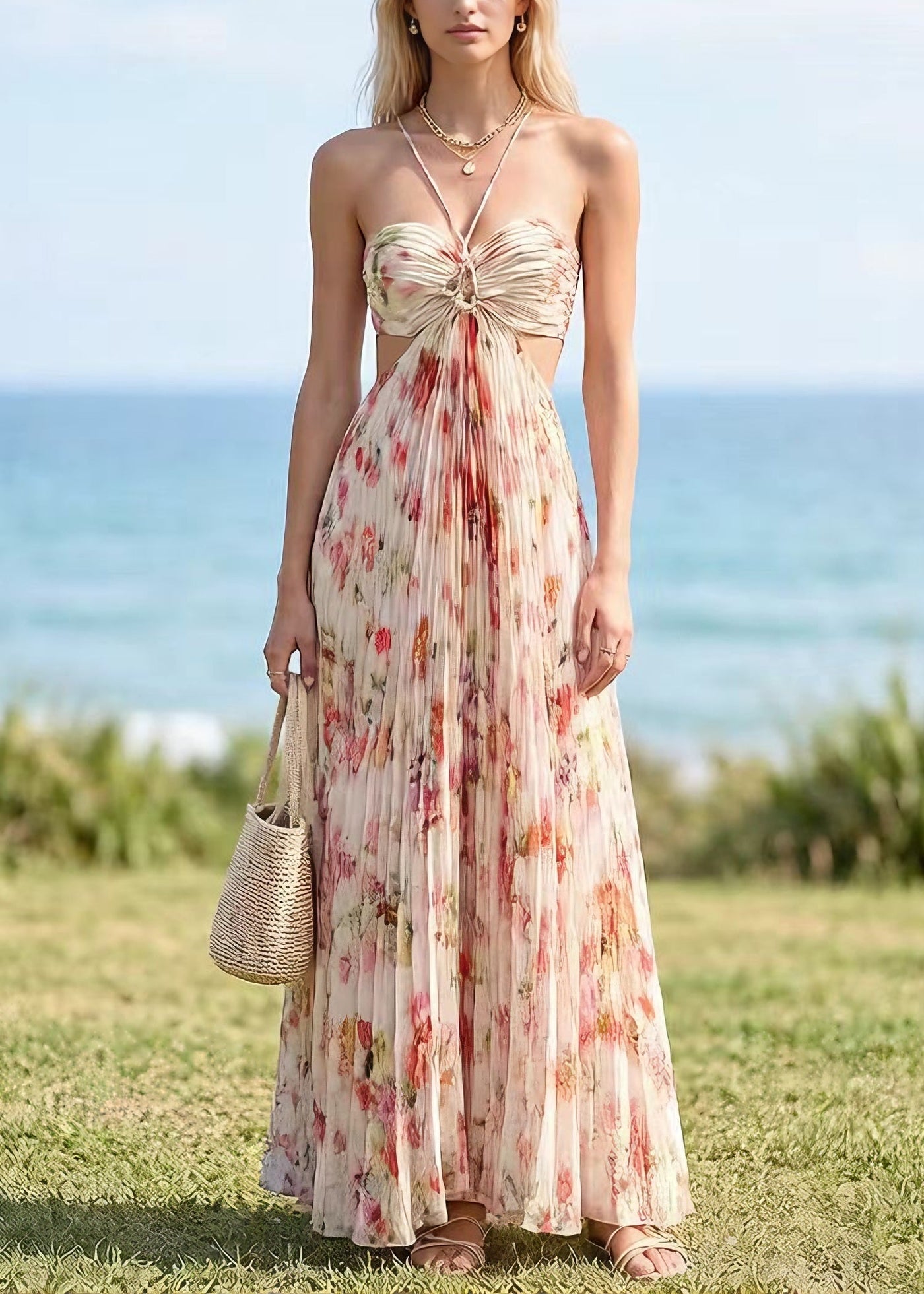 French Backless Print Halter Lace Up Chiffon Dress Summer 5