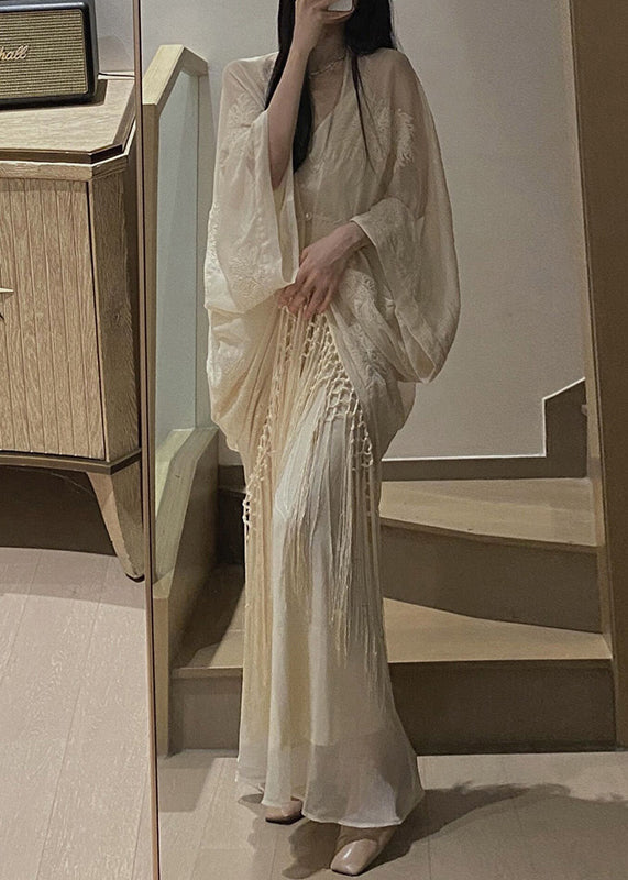 Sheer Embroidered Batwing Sleeve Macrame Fringe Set