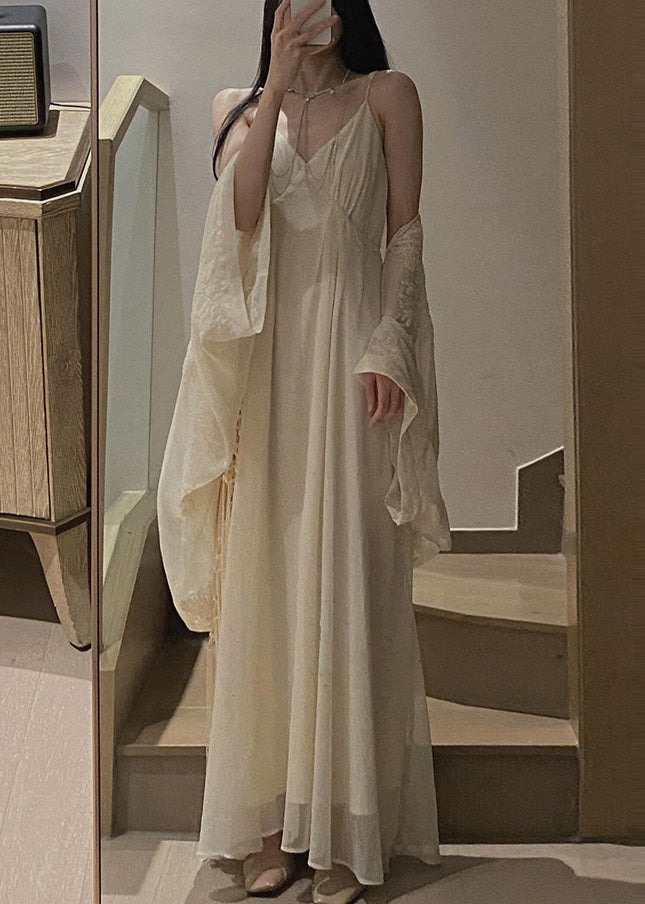 Sheer Embroidered Batwing Sleeve Macrame Fringe Spaghetti Strap Dress Two-Piece Set