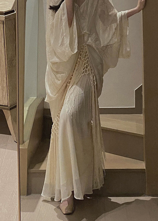 Sheer Embroidered Batwing Sleeve Macrame Fringe Spaghetti Strap Dress Two-Piece Set