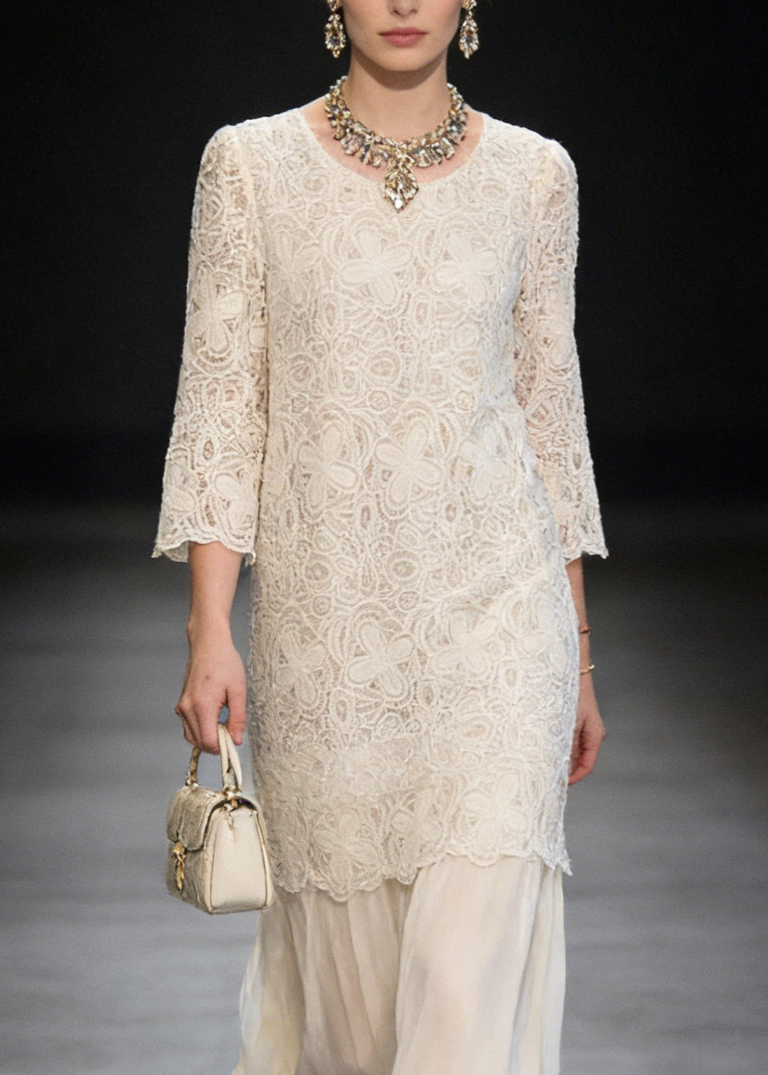 Lace Round Neck 3/4 Sleeve Layered Scalloped Overlay Midi Dress