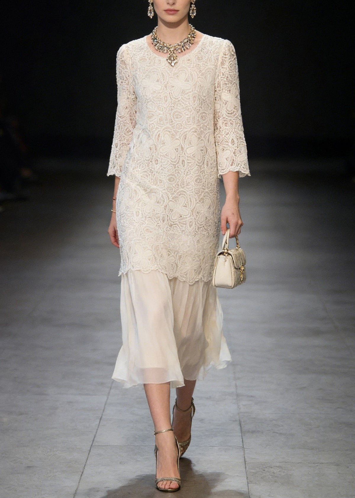 Lace Round Neck 3/4 Sleeve Layered Scalloped Overlay Midi Dress - View 3