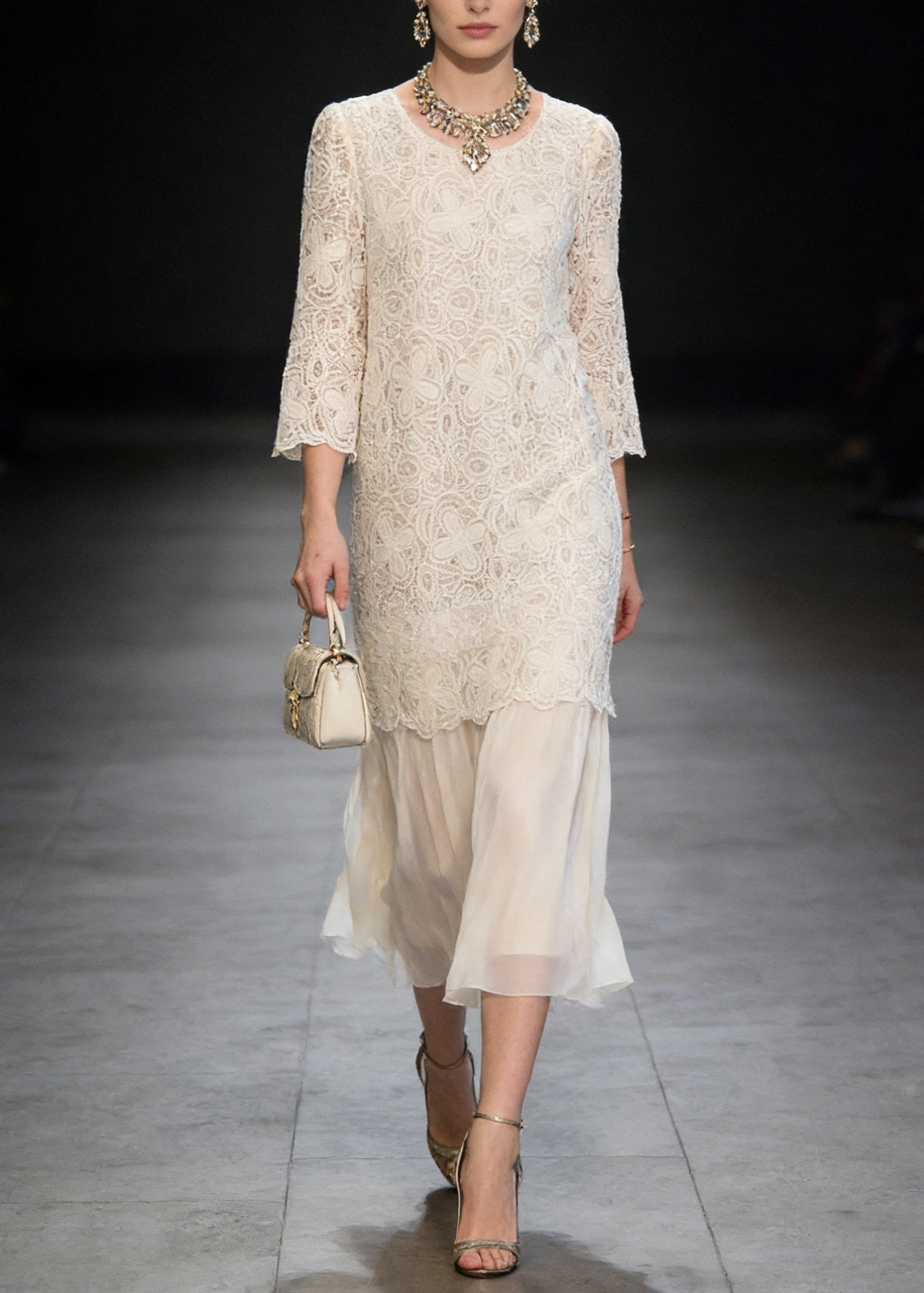 Lace Round Neck 3/4 Sleeve Layered Scalloped Overlay Midi Dress