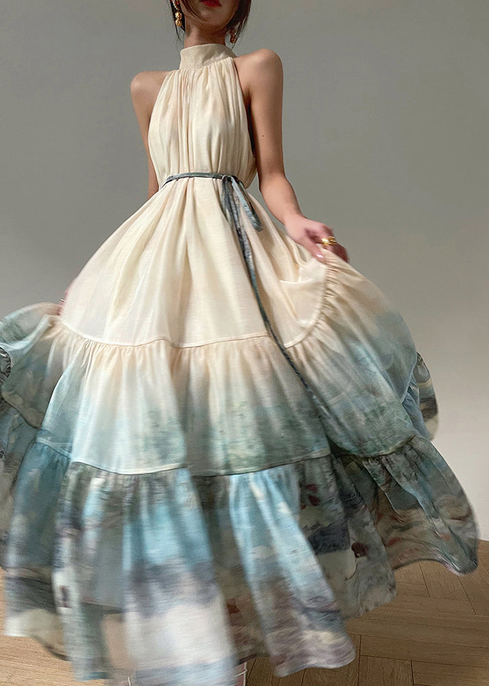 Scenic Print Mock Neck Sleeveless Tie Waist Tiered Maxi Dress