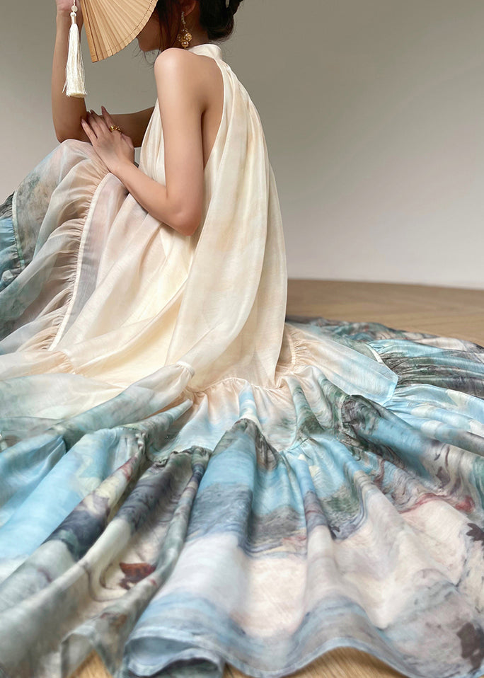 Scenic Print Mock Neck Sleeveless Tie Waist Tiered Maxi Dress