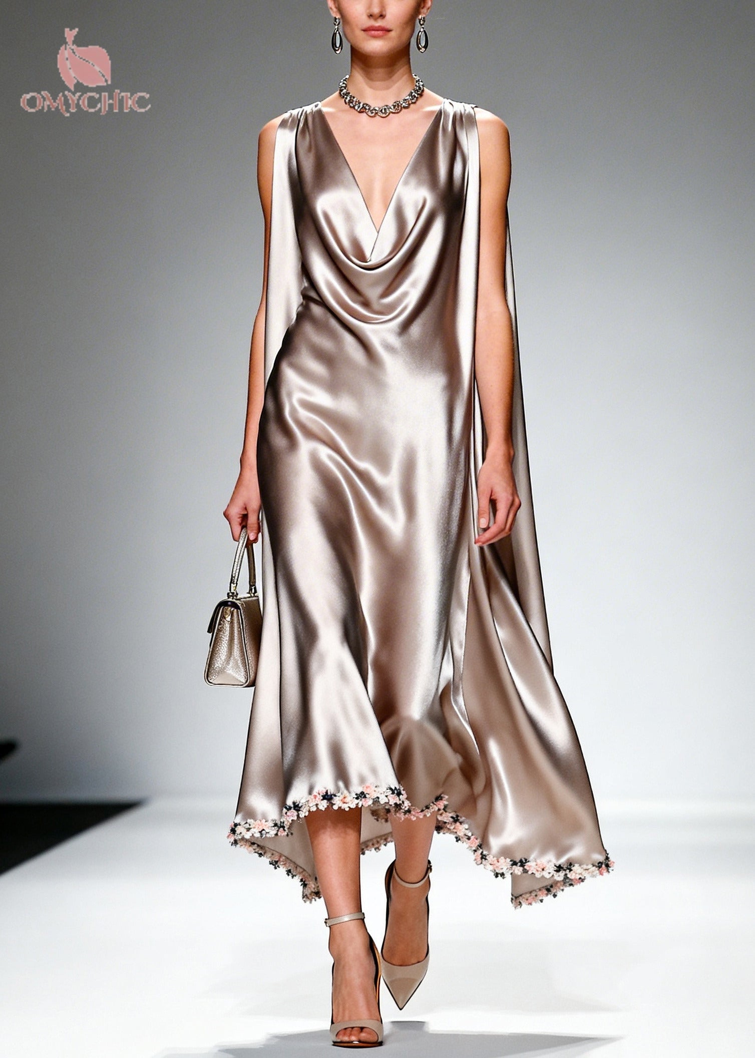 Satin Cowl Neck Cape Back Floral Applique High Low Hem Midi Gown