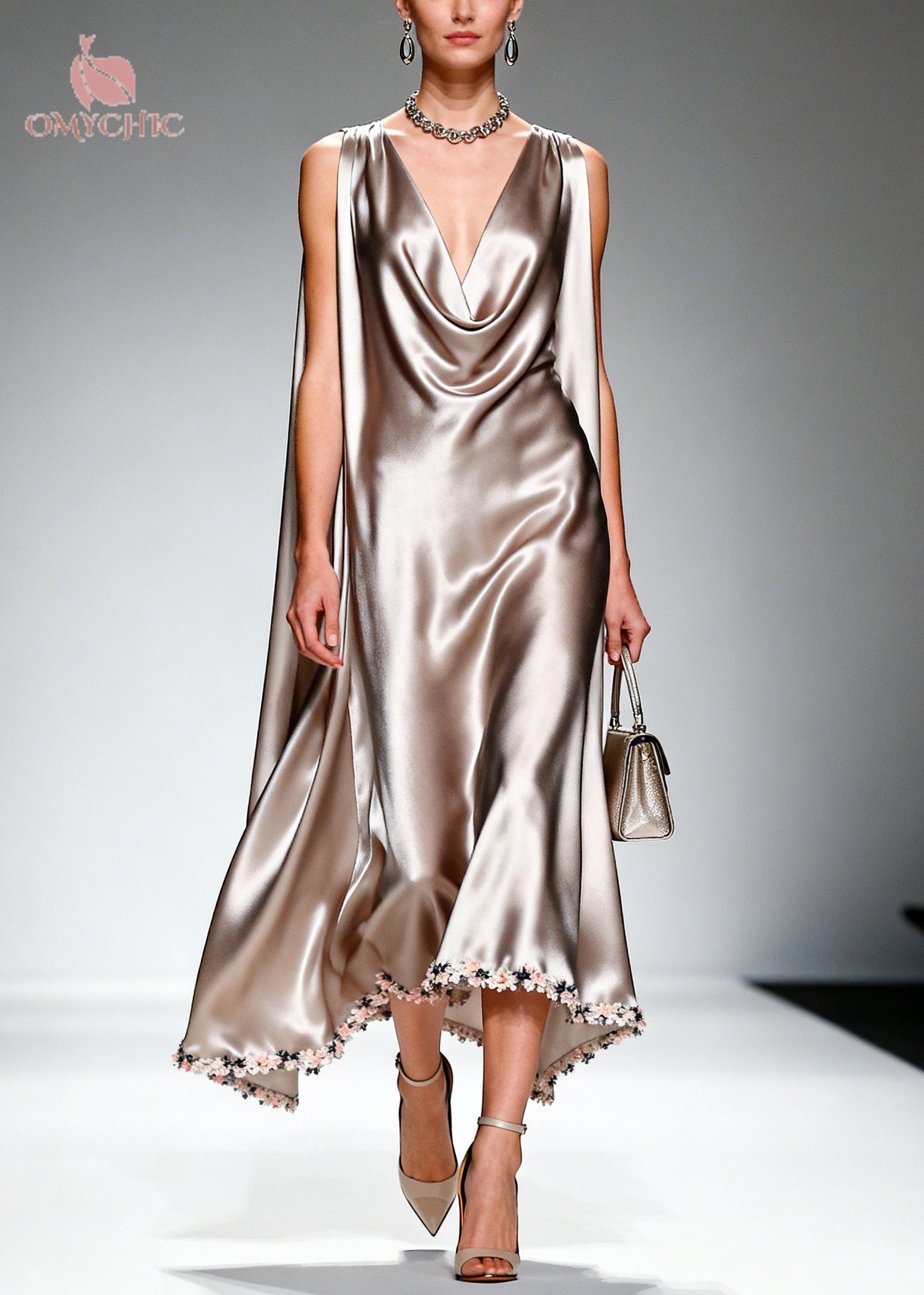 Satin Cowl Neck Cape Back Floral Applique High Low Hem Midi Gown
