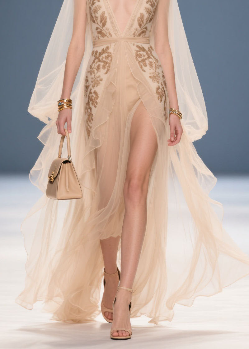 Chiffon Deep V-Neck Embroidered Cape Sleeve High Split Maxi Gown