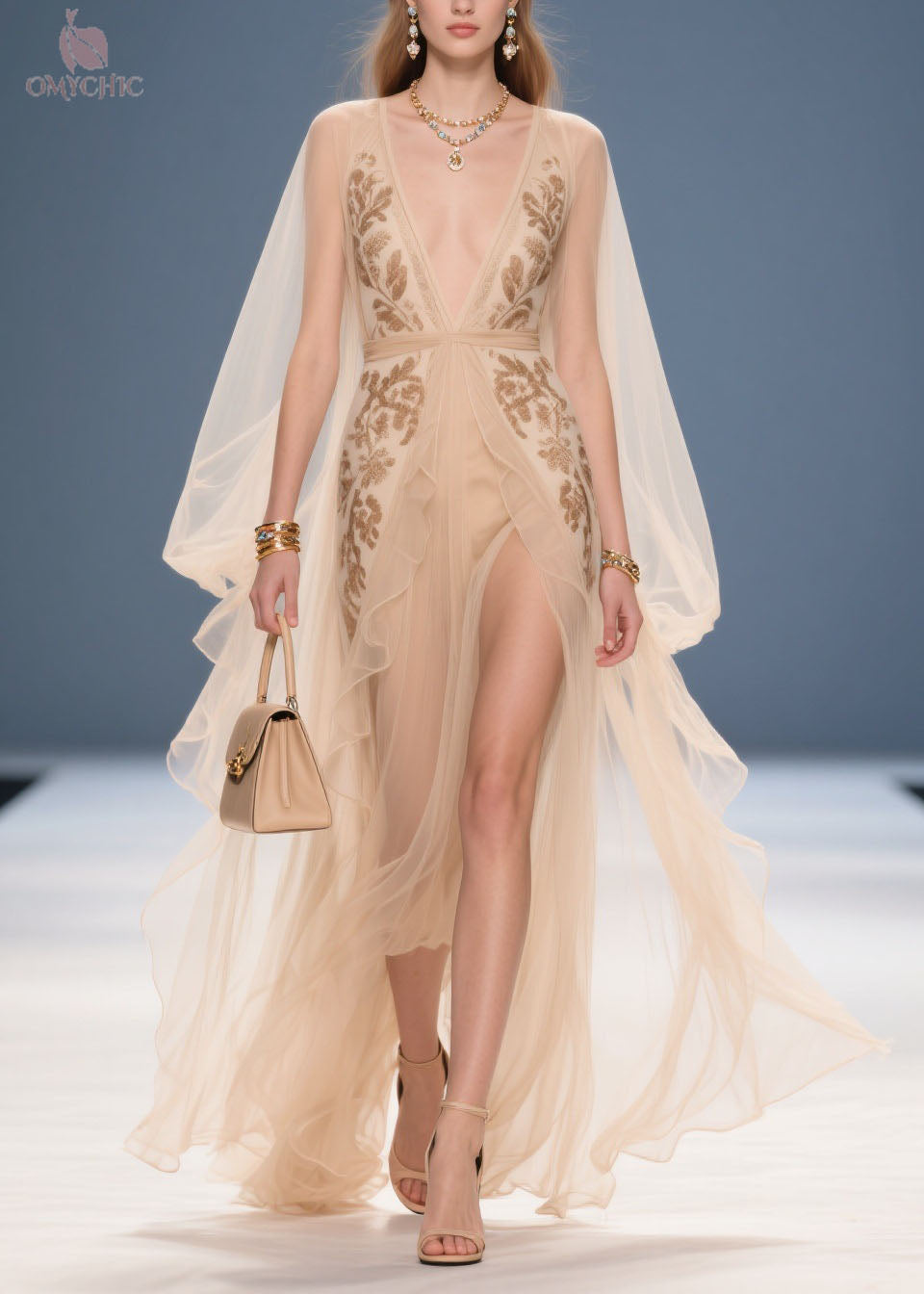 Chiffon Deep V-Neck Embroidered Cape Sleeve High Split Maxi Gown