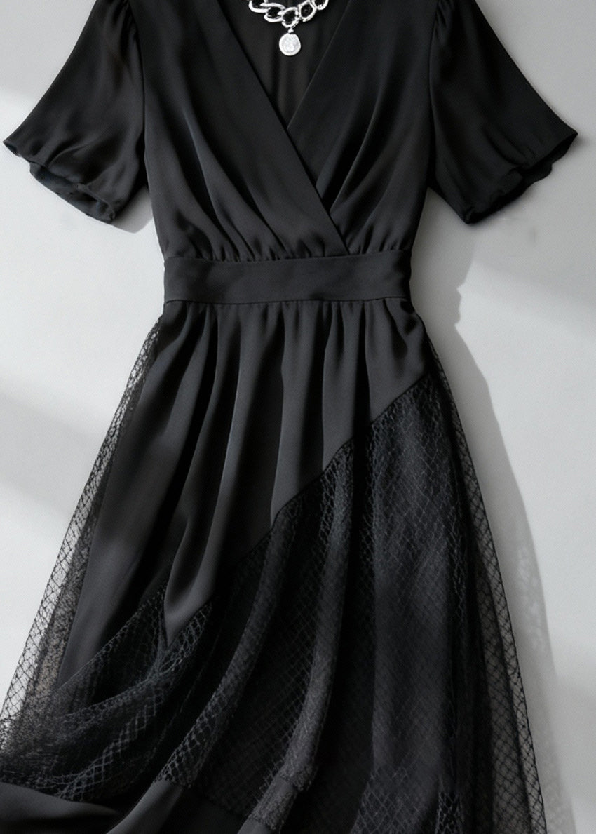 Deep V-Neck Wrap Short Sleeve Mesh Panel A-Line Midi Dress