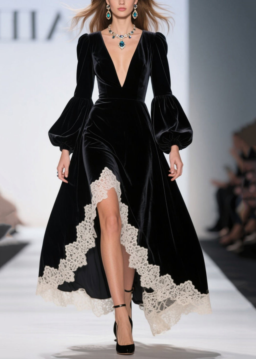 Velvet Lace Trim Deep V-Neck Puff Sleeve High Low Maxi Gown