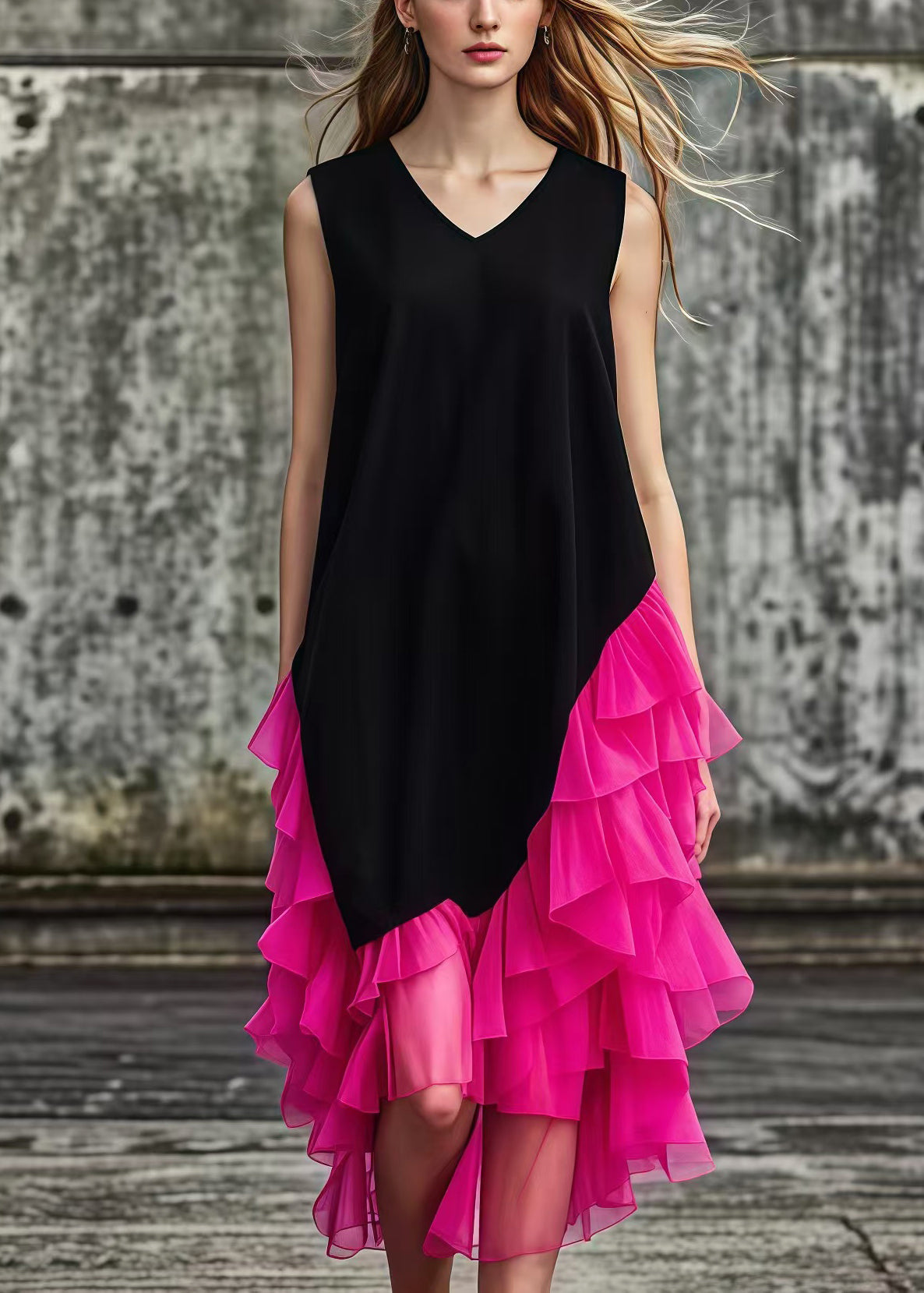 French Black Asymmetrical Tulle Patchwork Cotton Maxi Dresses Summer - View 3