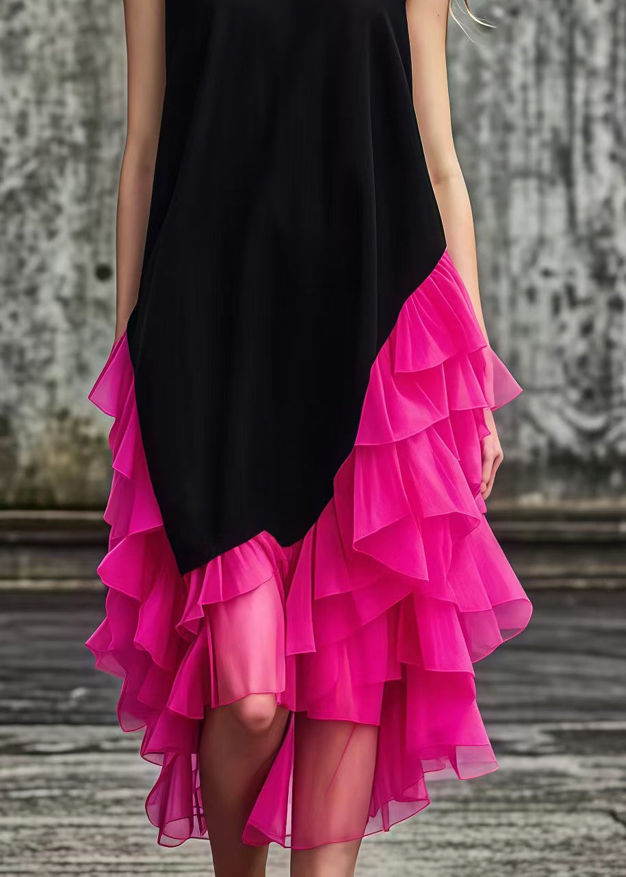 French Black Asymmetrical Tulle Patchwork Cotton Maxi Dresses Summer 4