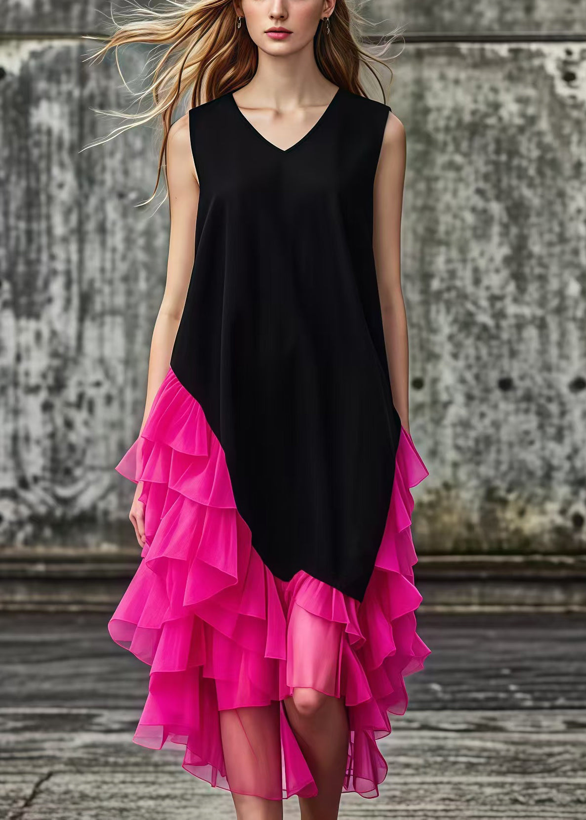 French Black Asymmetrical Tulle Patchwork Cotton Maxi Dresses Summer - View 5