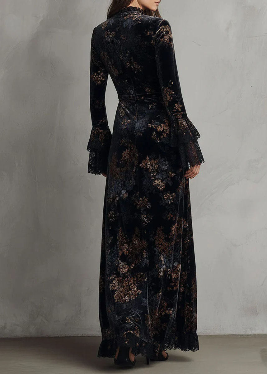 French Black Blue Print Patchwork Velvet Vacation Dresses Flare Sleeve