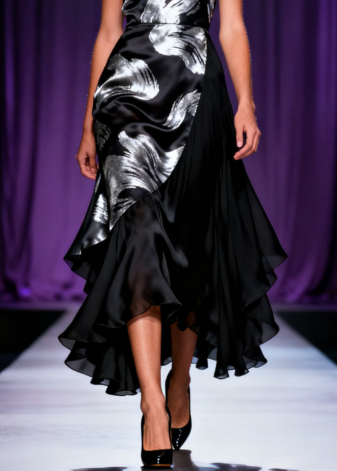 Satin Strapless Abstract Print Wrap Tiered Ruffle High Low Party Dress