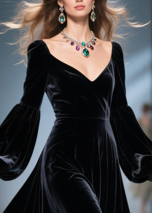 Velvet Sweetheart Neck Bishop Sleeve Lace Trim A-Line Midi Dress