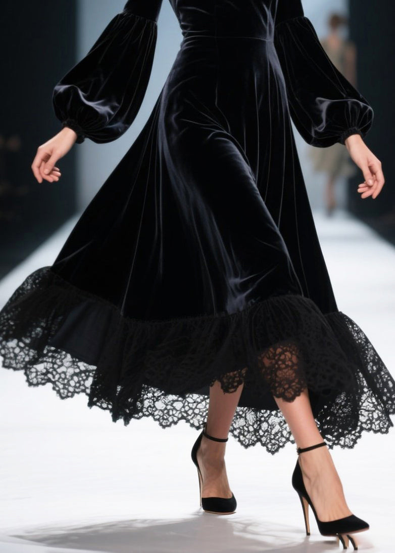Velvet Sweetheart Neck Bishop Sleeve Lace Trim A-Line Midi Dress