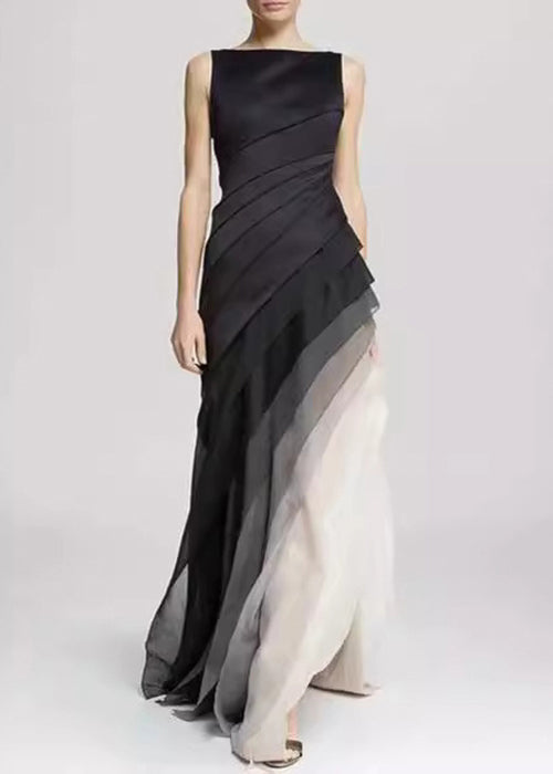 French Navy High Waist Patchwork Tulle Maxi Dresses Sleeveless - View 2