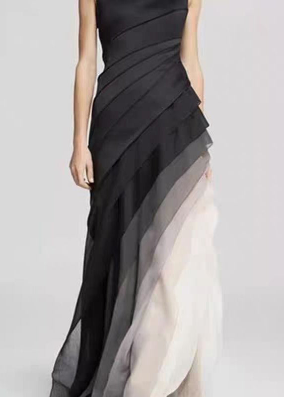 French Black High Waist Patchwork Tulle Maxi Dresses Summer - View 4