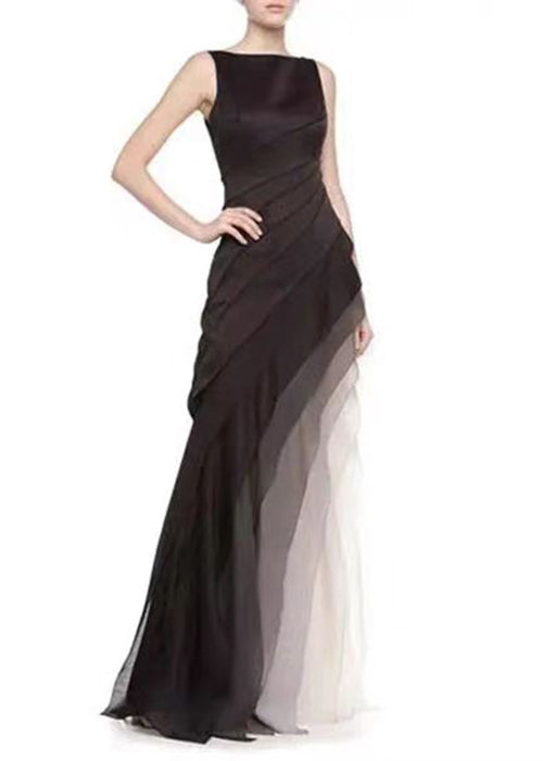 French Navy High Waist Patchwork Tulle Maxi Dresses Sleeveless - View 6