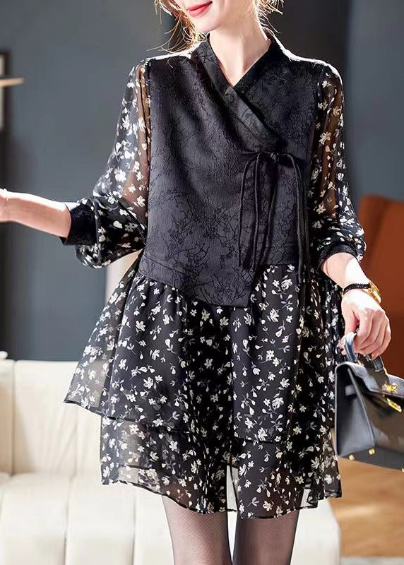 Floral Print Long Sleeve Tiered Mini Dress Lace Up Vest Two Piece Set