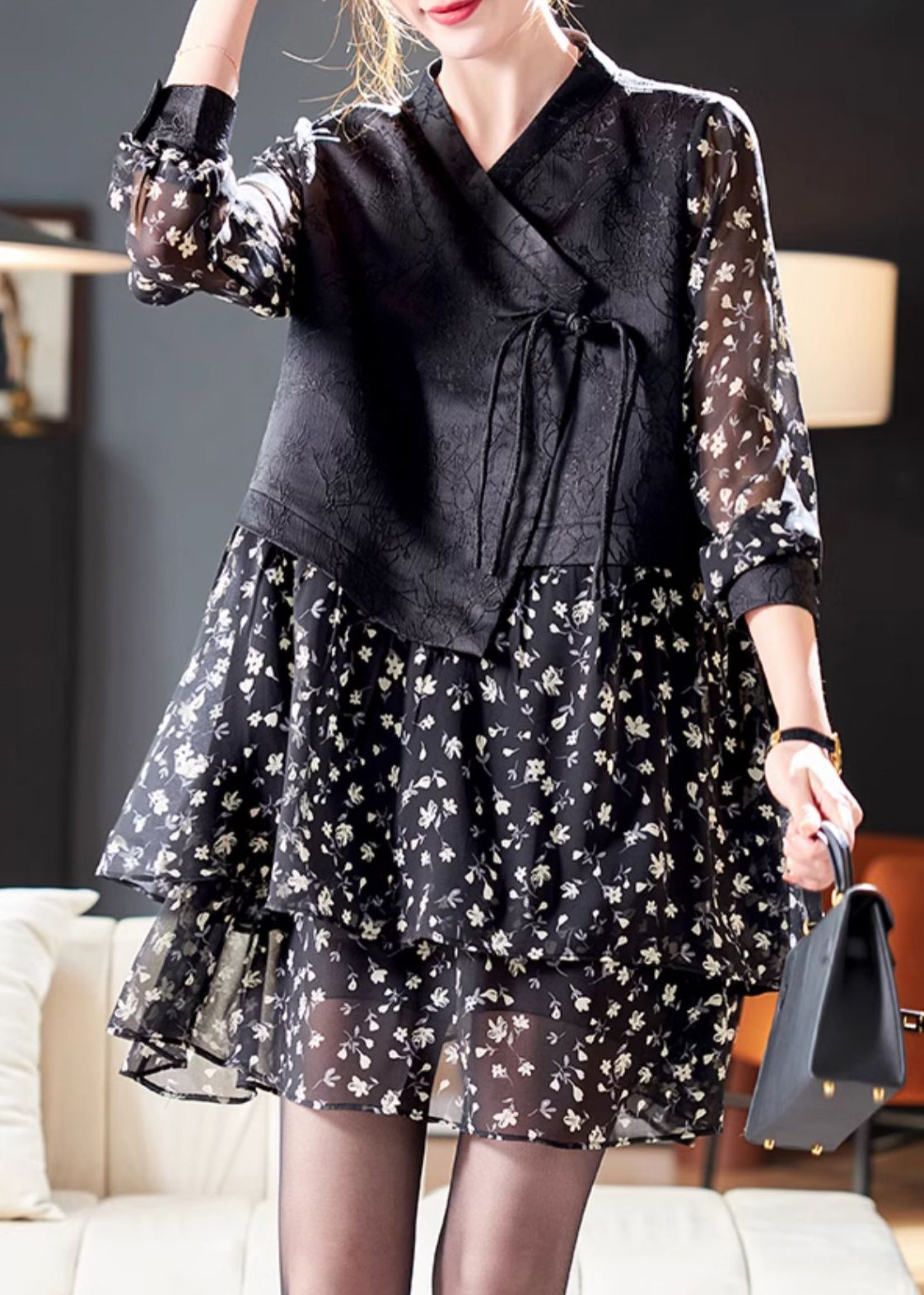 Floral Print Long Sleeve Tiered Mini Dress Lace Up Vest Two Piece Set