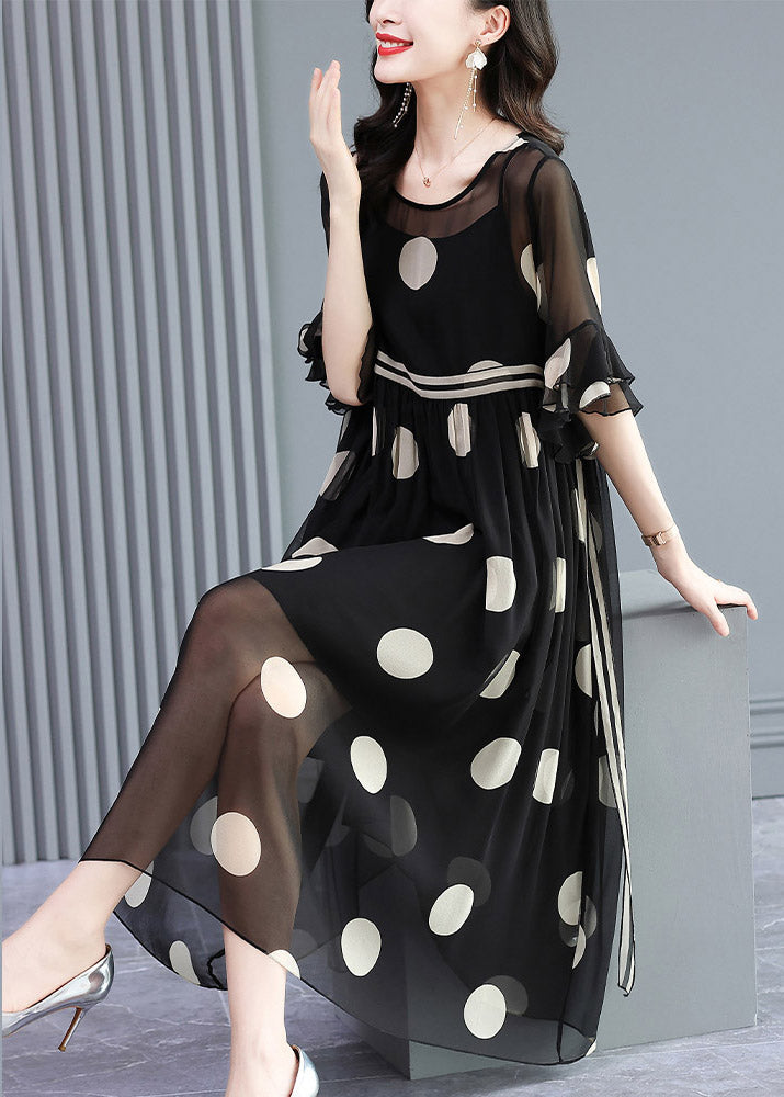 Polka Dot Chiffon Round Neck Sheer Yoke Double Ruffle Sleeve Empire Waist Layered Midi Dress