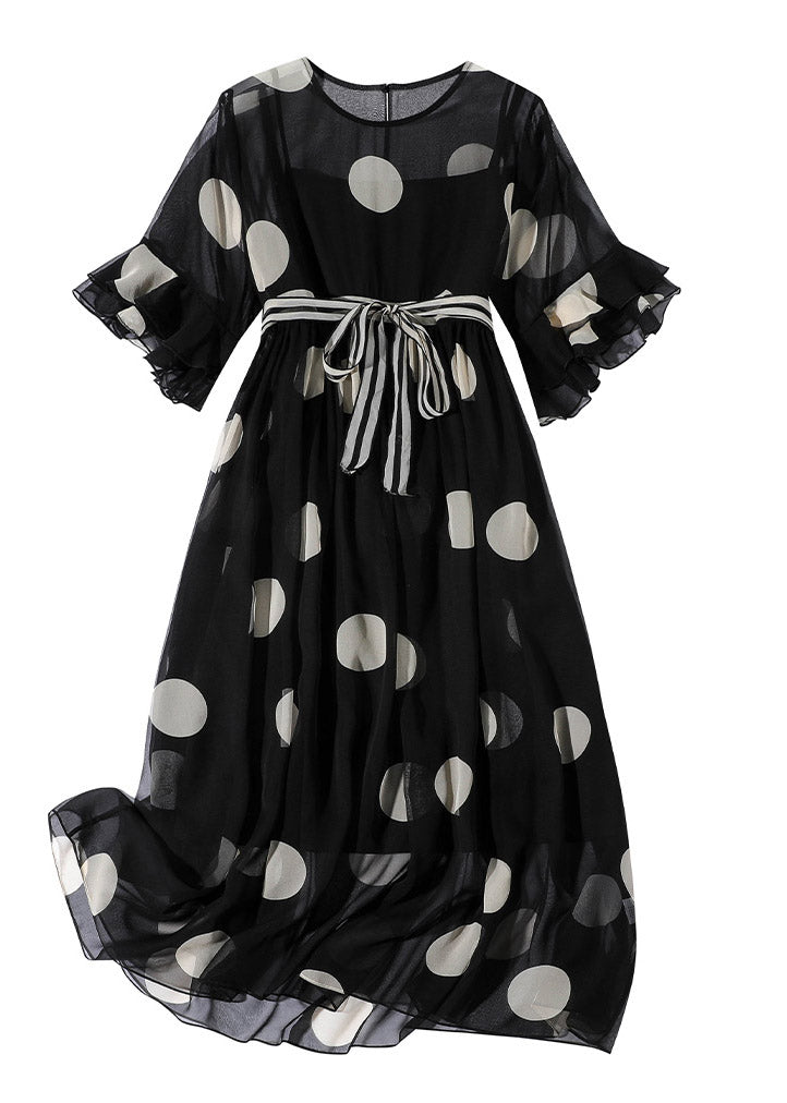 Polka Dot Chiffon Round Neck Sheer Yoke Double Ruffle Sleeve Empire Waist Layered Midi Dress