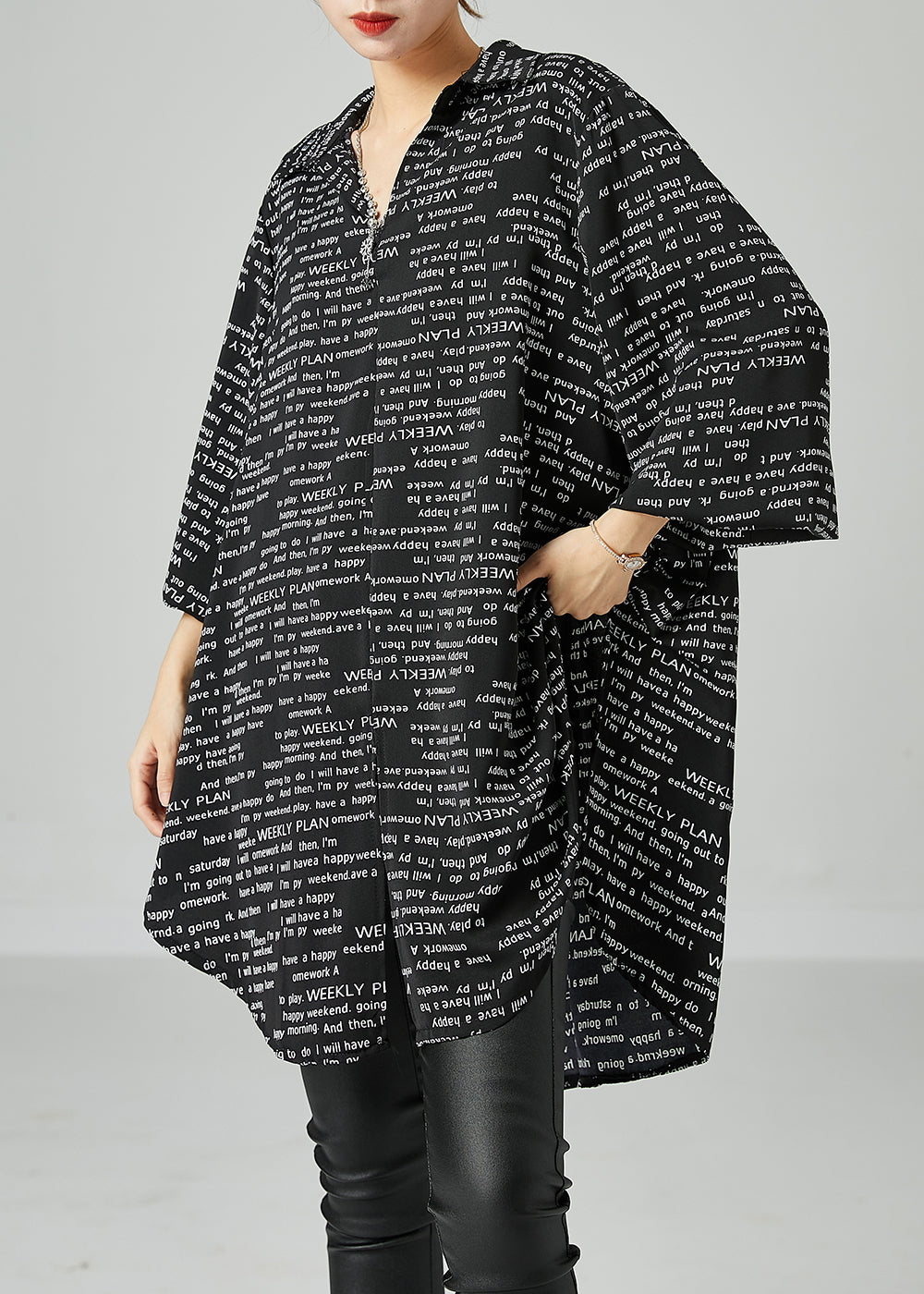 Oversized Text Print Long Sleeve Button Up Longline Shirt Top