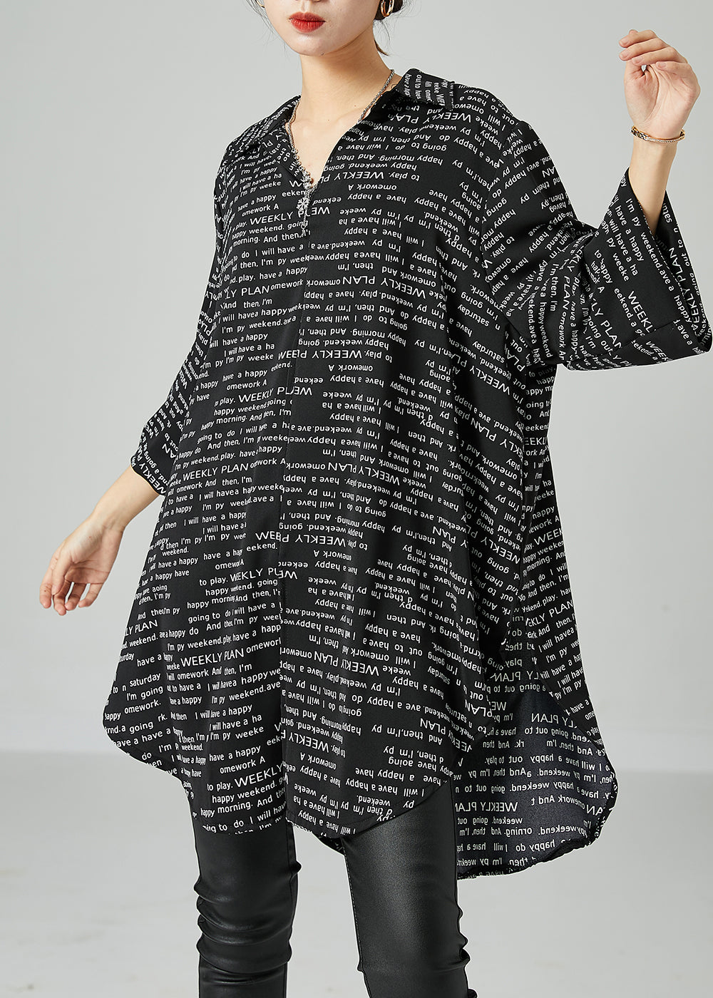 Oversized Text Print Long Sleeve Button Up Longline Shirt Top