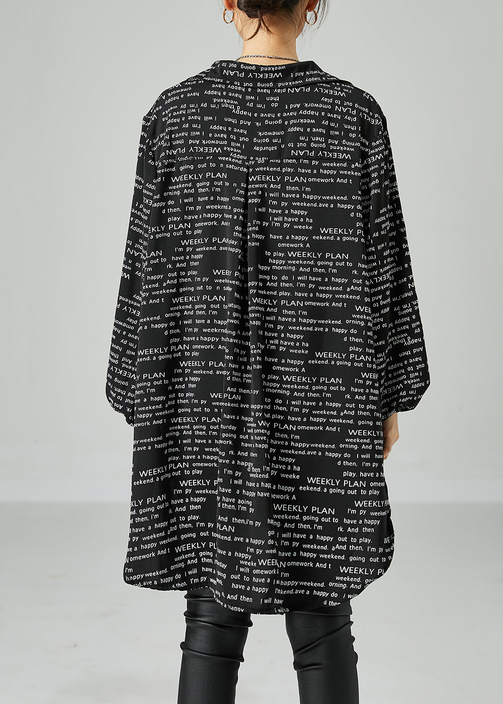 Oversized Text Print Long Sleeve Button Up Longline Shirt Top