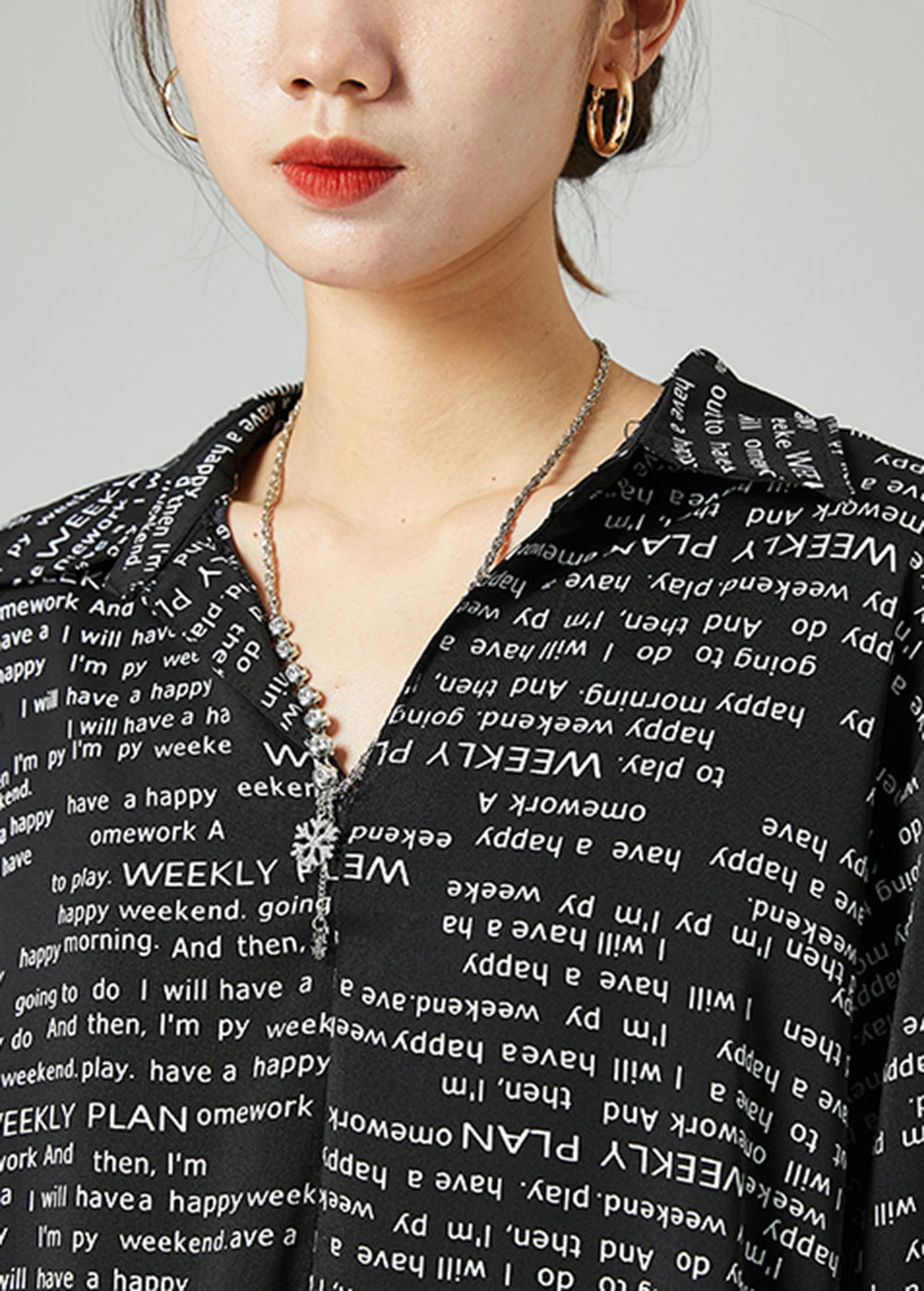 Oversized Text Print Long Sleeve Button Up Longline Shirt Top