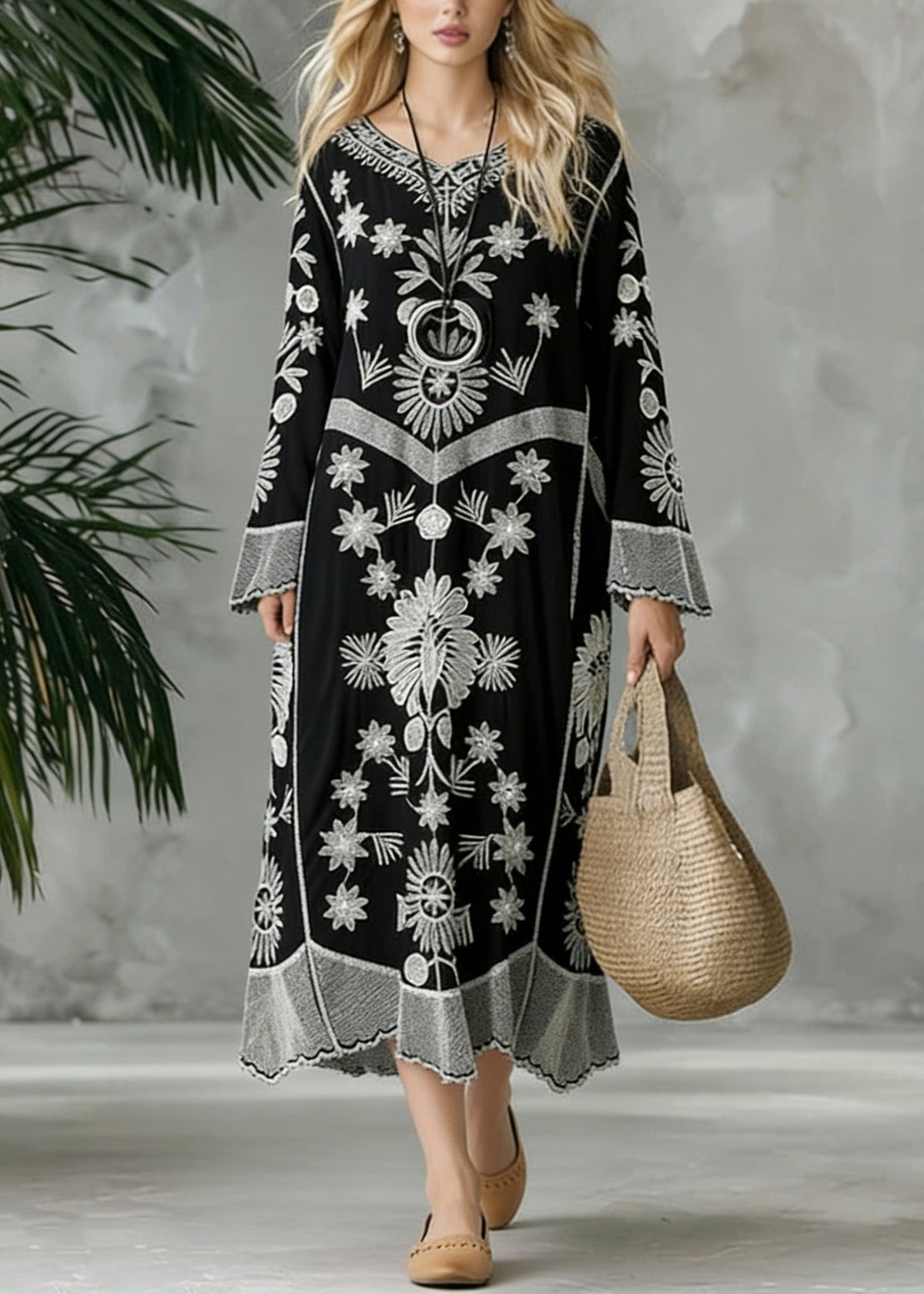 Embroidered V-Neck Long Sleeve Bell Cuff Chevron Band Flowy Maxi Dress - View 3
