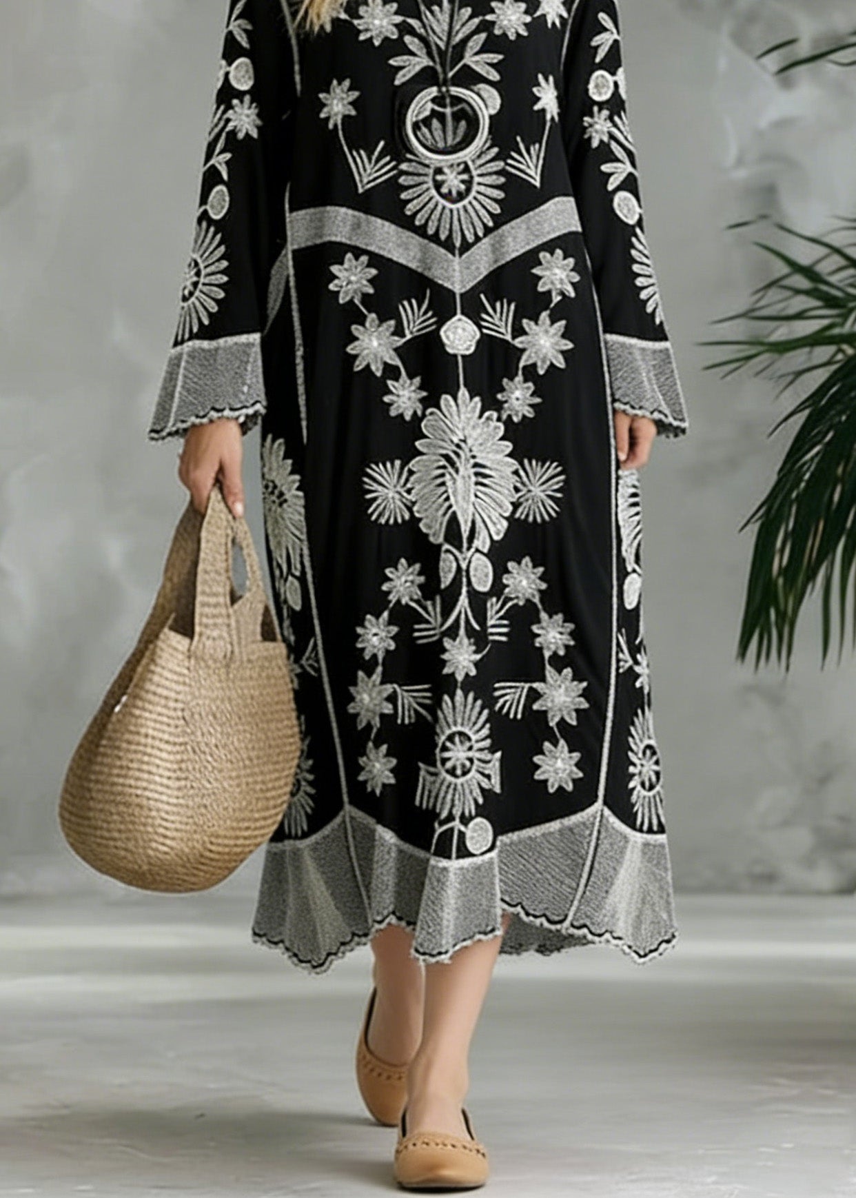 Embroidered V-Neck Long Sleeve Bell Cuff Chevron Band Flowy Maxi Dress