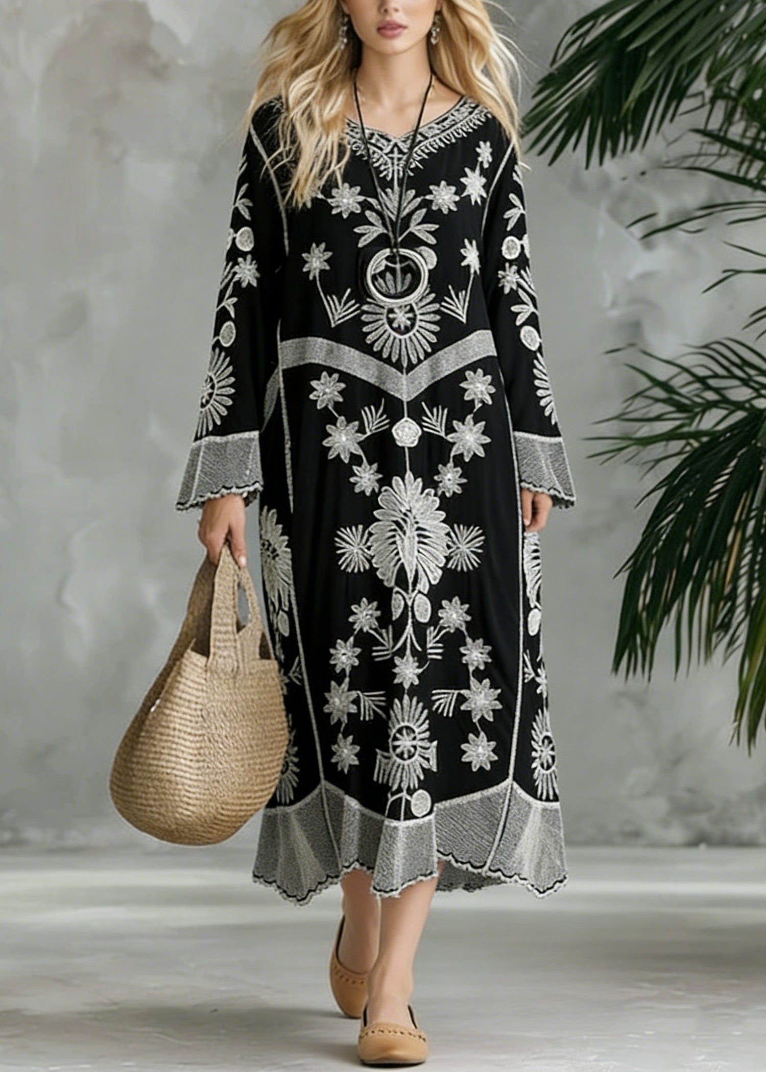 Embroidered V-Neck Long Sleeve Bell Cuff Chevron Band Flowy Maxi Dress