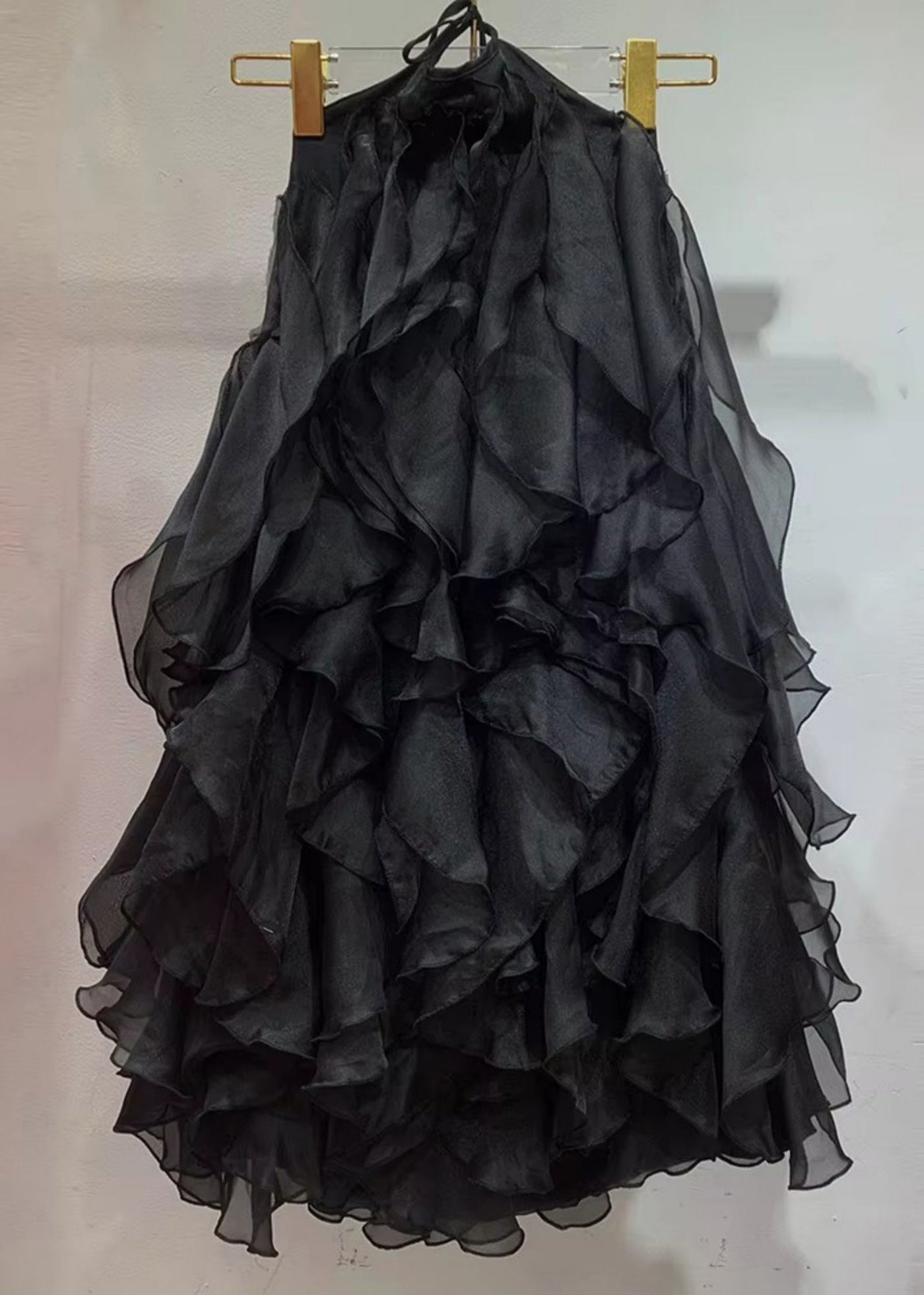 French Black Ruffled Solid Chiffon Mini Dress Sleeveless 5