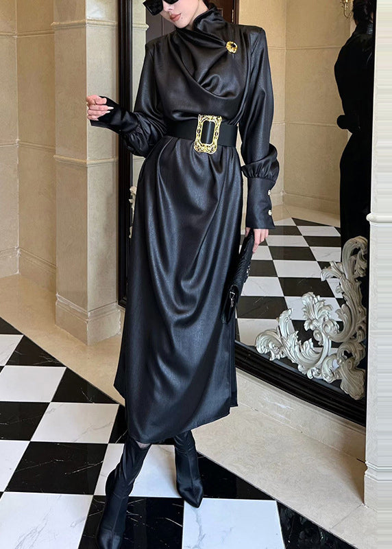 Satin Cowl Neck Structured Shoulder Wide Cuff Long Sleeve Maxi Dress
