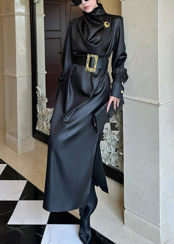 Satin Cowl Neck Structured Shoulder Wide Cuff Long Sleeve Maxi Dress