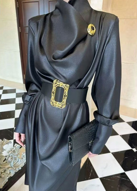 Satin Cowl Neck Structured Shoulder Wide Cuff Long Sleeve Maxi Dress