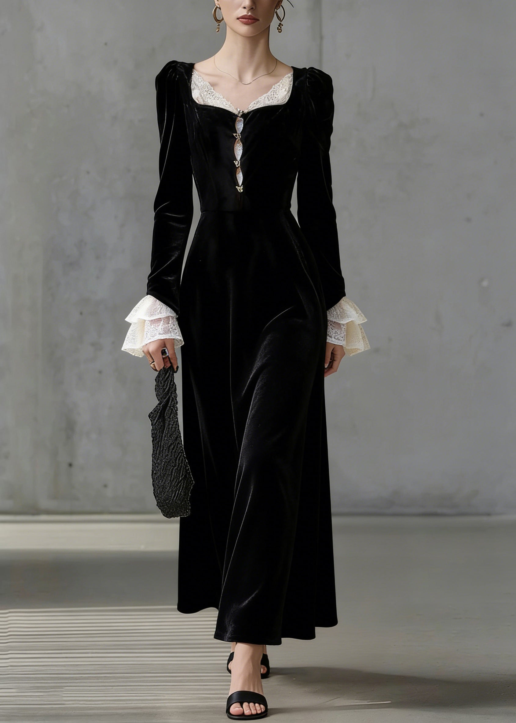 Square Neck Lace Panel Flared Cuff Long Sleeve Velvet Maxi Dress