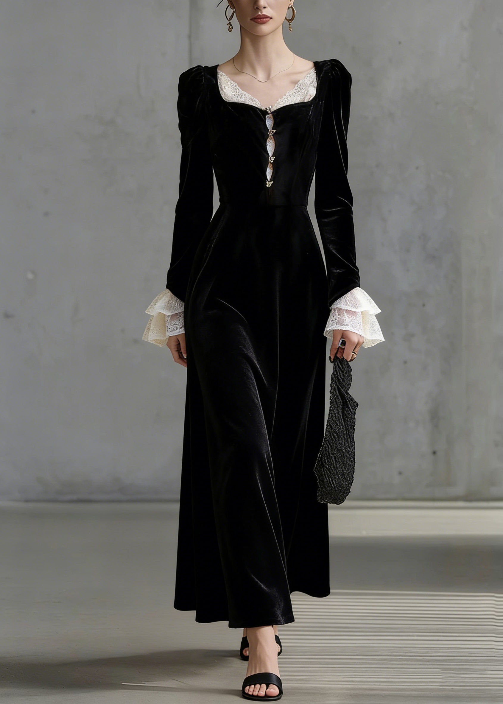 Square Neck Lace Panel Flared Cuff Long Sleeve Velvet Maxi Dress