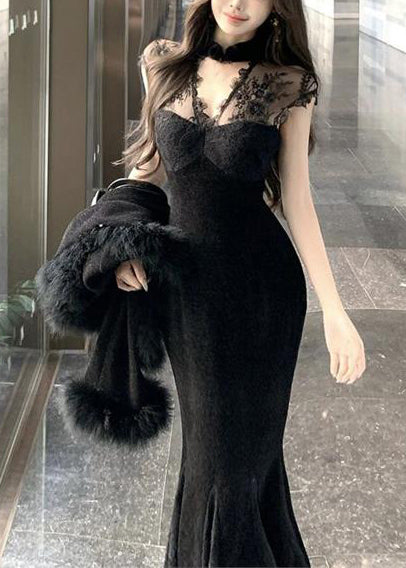 Lace Mock Neck Sleeveless Mermaid Lace Panel Trumpet Maxi Gown