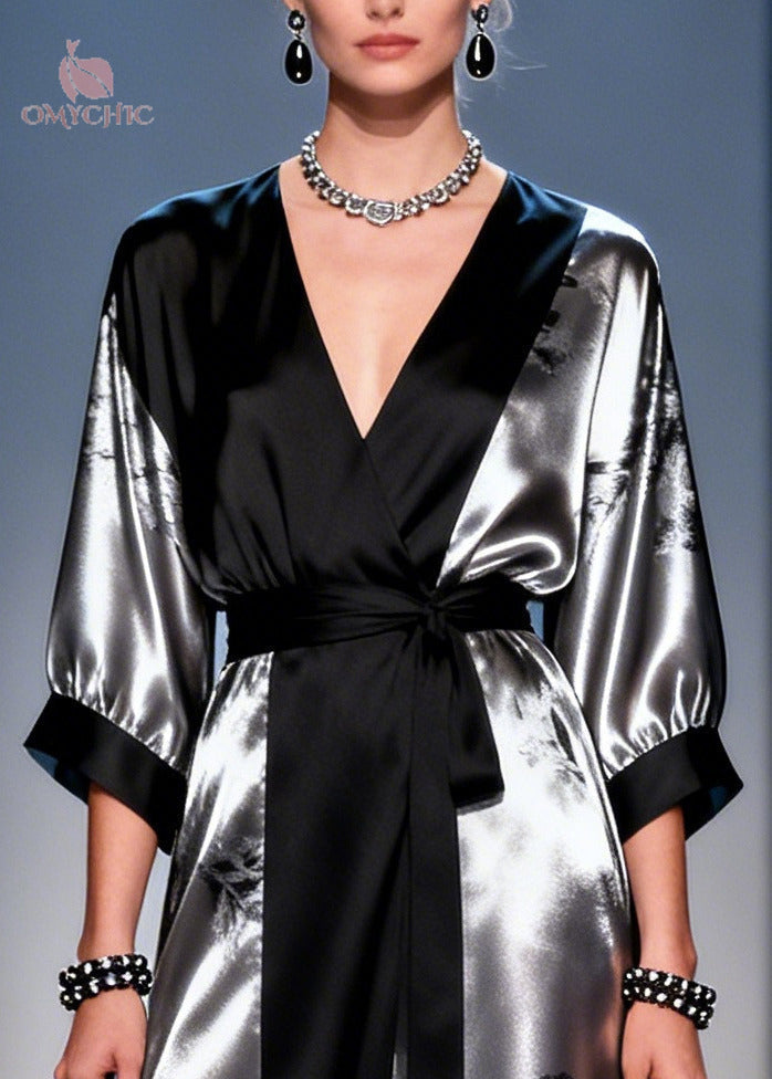 Satin Floral Print Wrap Deep V-Neck Tie Waist Contrast Cuff Long Sleeve Handkerchief Hem Gown