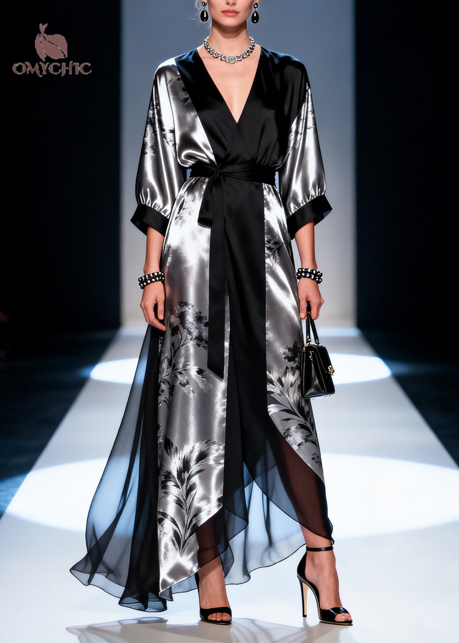 Satin Floral Print Wrap Deep V-Neck Tie Waist Contrast Cuff Long Sleeve Handkerchief Hem Gown