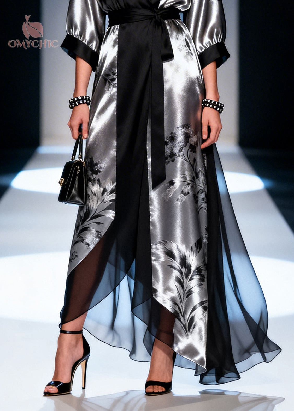 Satin Floral Print Wrap Deep V-Neck Tie Waist Contrast Cuff Long Sleeve Handkerchief Hem Gown