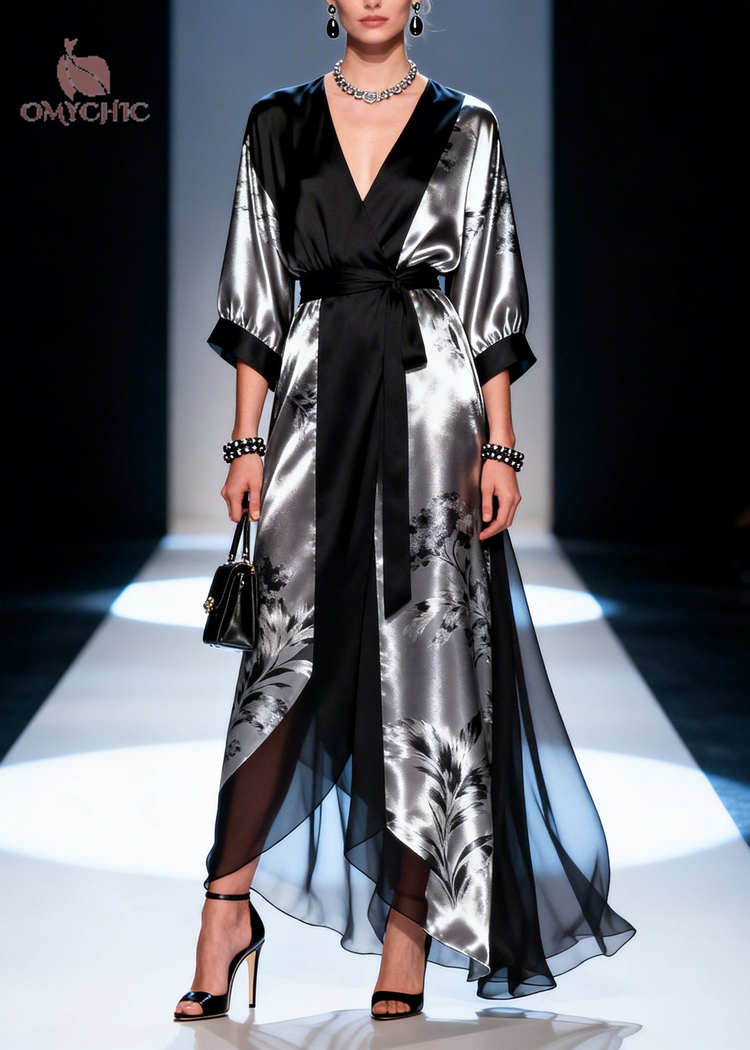 Satin Floral Print Wrap Deep V-Neck Tie Waist Contrast Cuff Long Sleeve Handkerchief Hem Gown