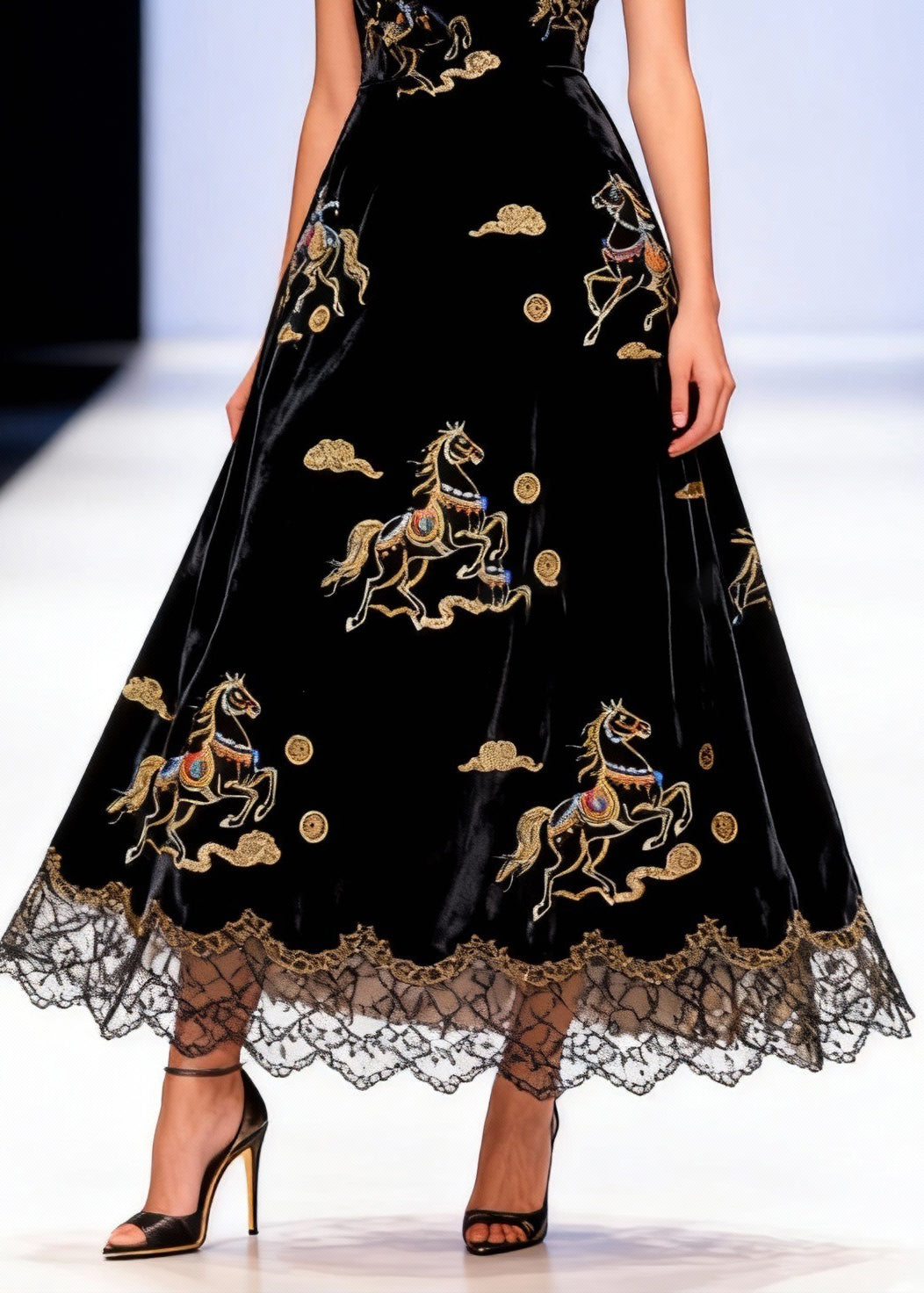Velvet Deep V-Neck Sleeveless Horse Embroidered Scalloped Lace Hem Maxi Gown
